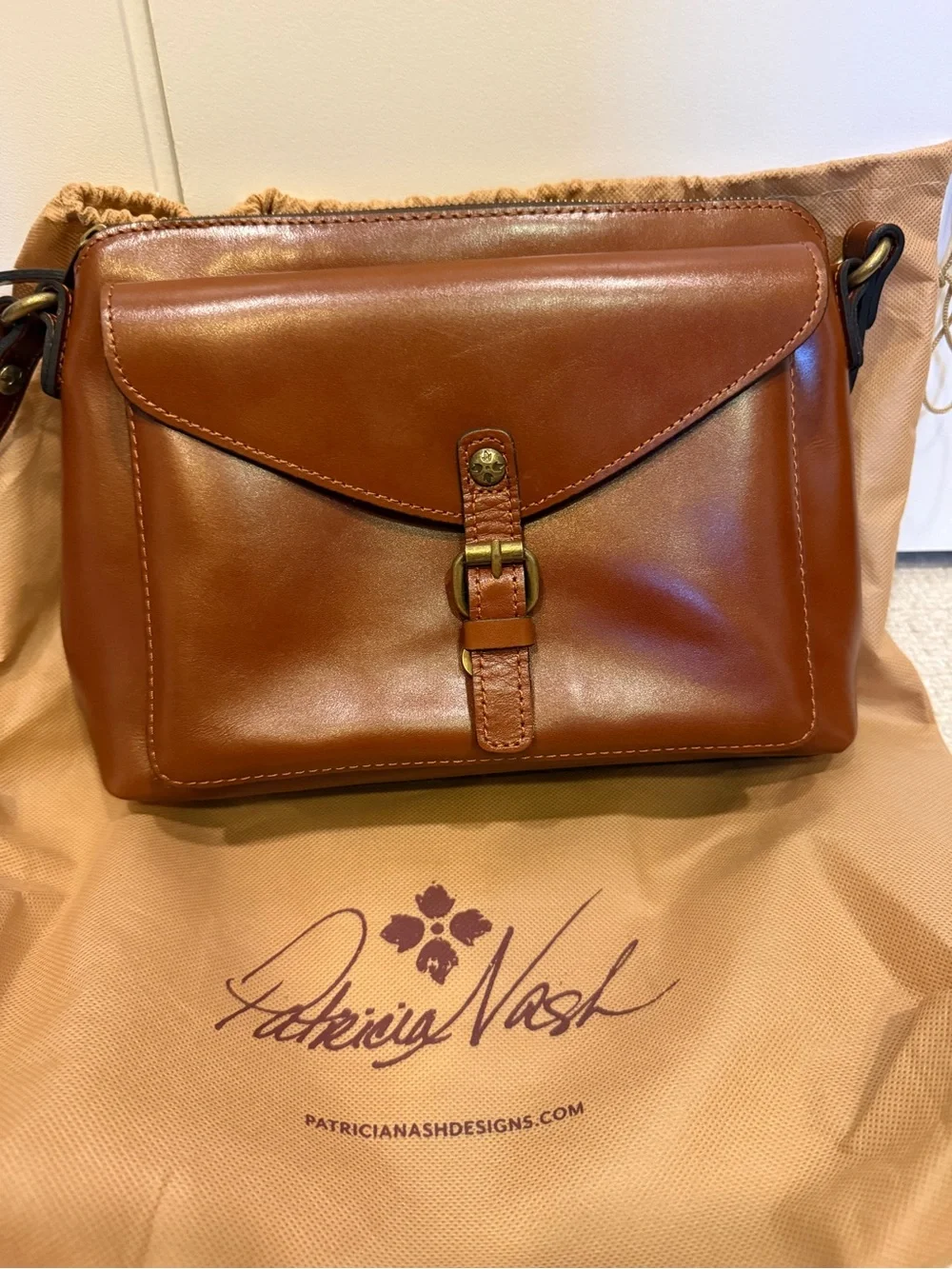 Patricia Nash Cognac Brown Leather Crossbody with Front Buckle